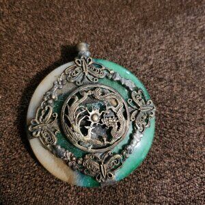 Vintage 1940s Chinese Dragon and Phoenix butterfly jade Pendant